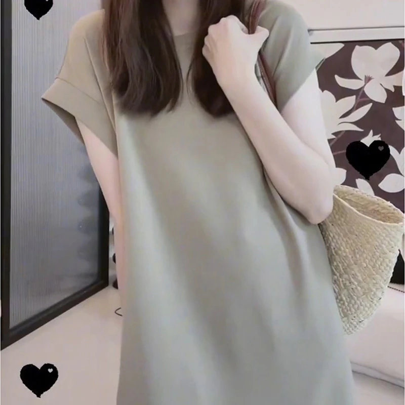 灰杏色小飞袖宽松简约连衣裙2025夏季新款法式时尚洋气中长款裙子