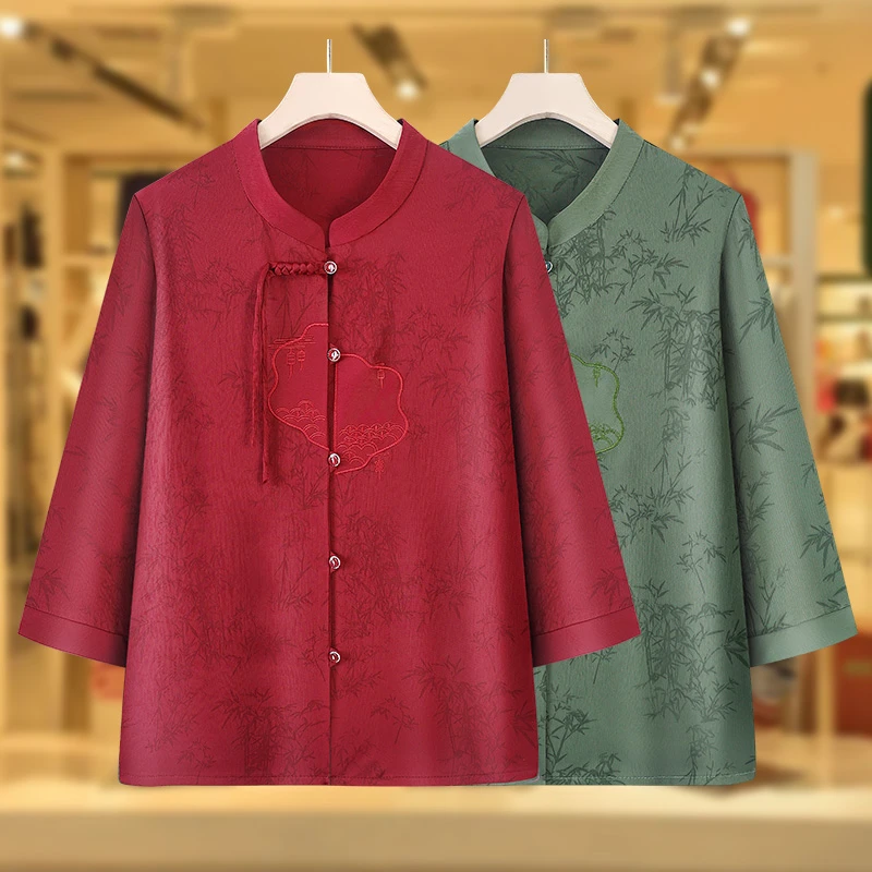 新款中老年人夏装女奶奶中国风衬衫高档妈妈新中式上衣婆婆装洋气