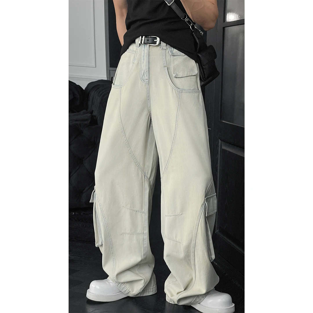 龙叨叨夏季新款潮流美式复古拼接设计感弯刀百搭宽松牛仔长裤