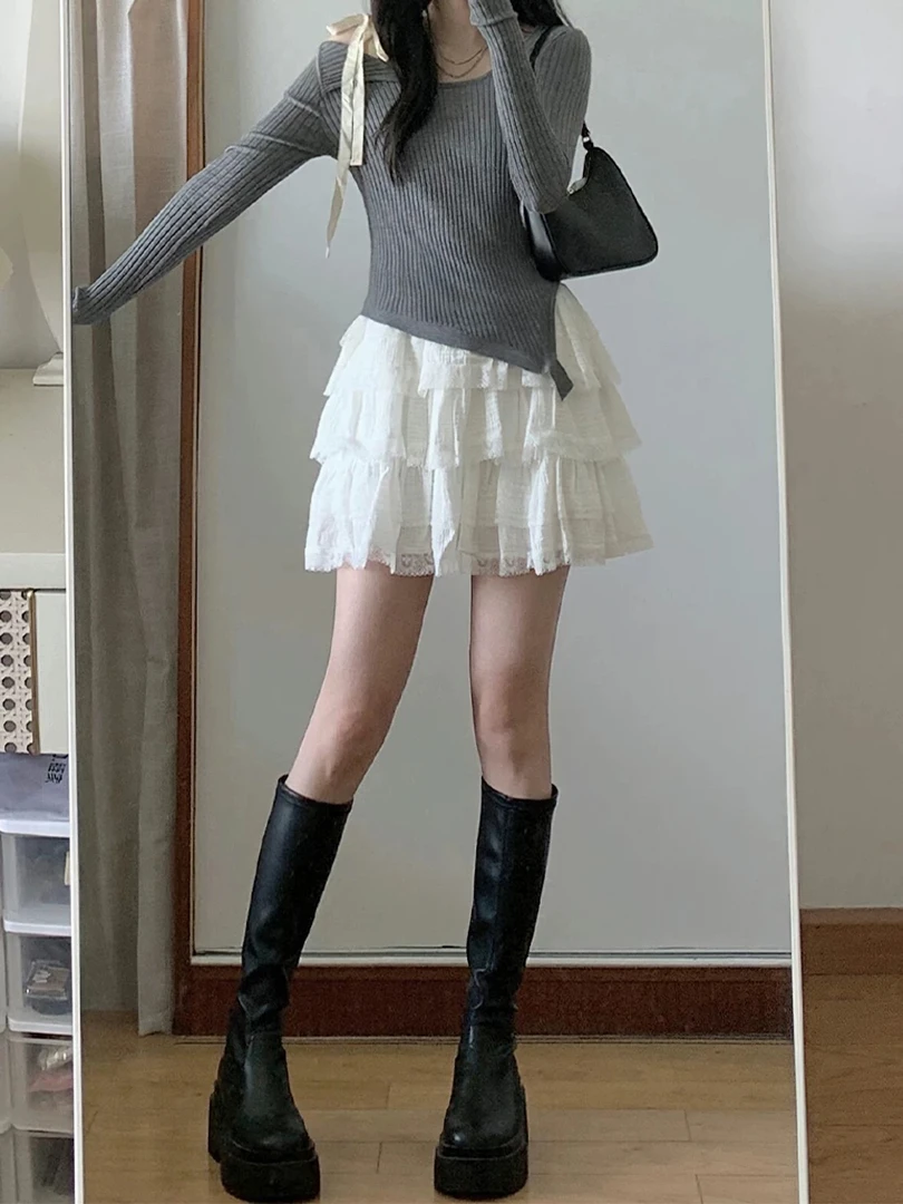 5223/白色蕾丝蛋糕裙