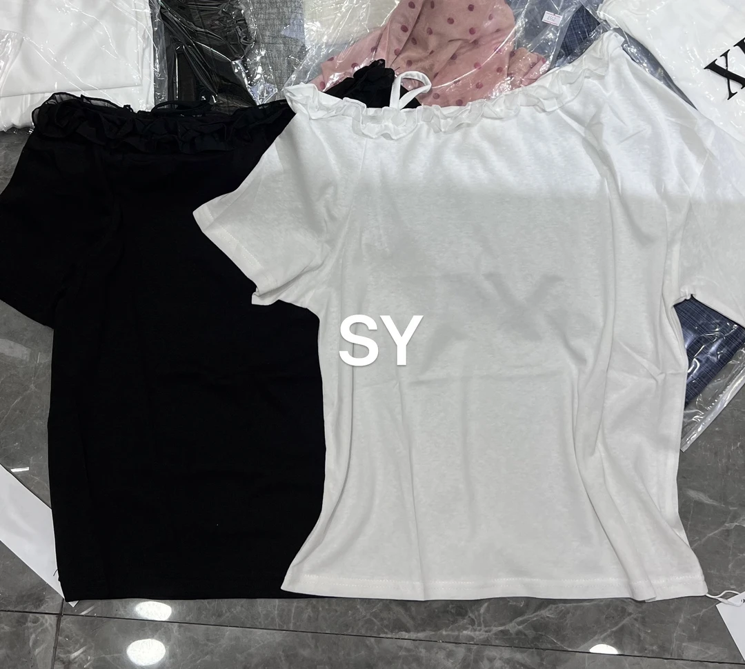 拼接短袖木耳边纯色斜肩T恤夏季百搭运动修身圆领短袖露肩