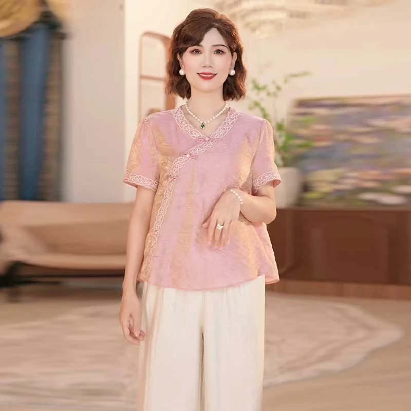 中年妈妈夏季新中式上衣2025新款洋气中老年女装国风短袖上衣