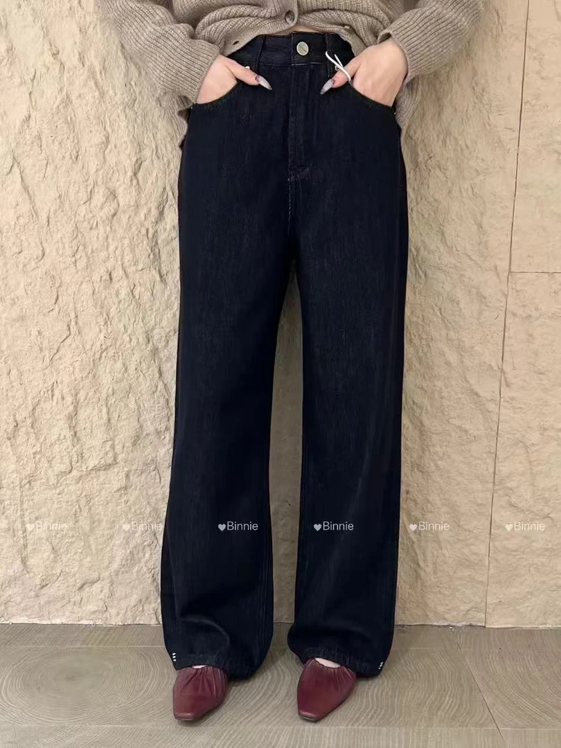90613#binnie#冬季植绒款 黑金韩版高腰直筒阔腿裤 休闲牛仔裤女