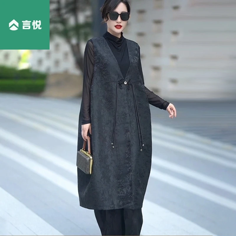 424新中式坎肩裙真丝提花马甲无袖时尚百搭黑色外搭大码200斤马夹