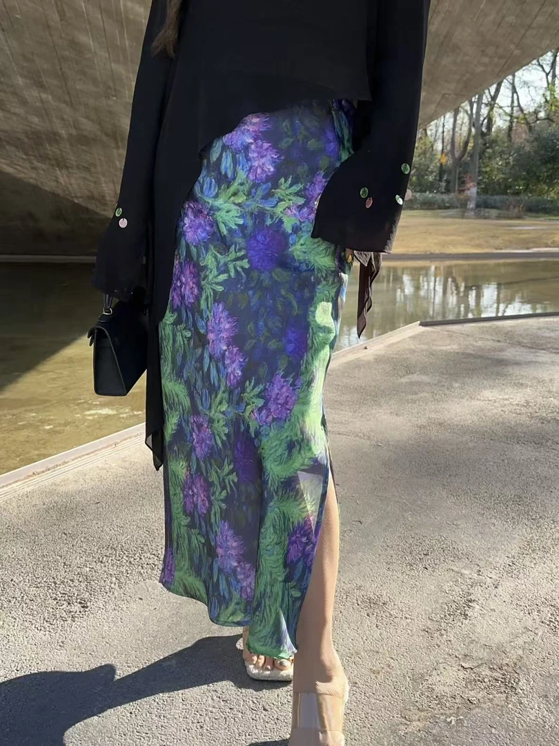 【夜色紫鹃】印花设计感半身裙松紧A字版斜裁显瘦