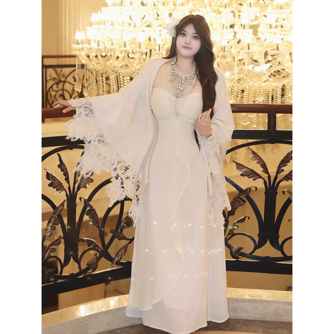 "玉兰绮梦"高贵优雅气质花边披肩+闪钻性感抹胸生日礼服连衣裙女