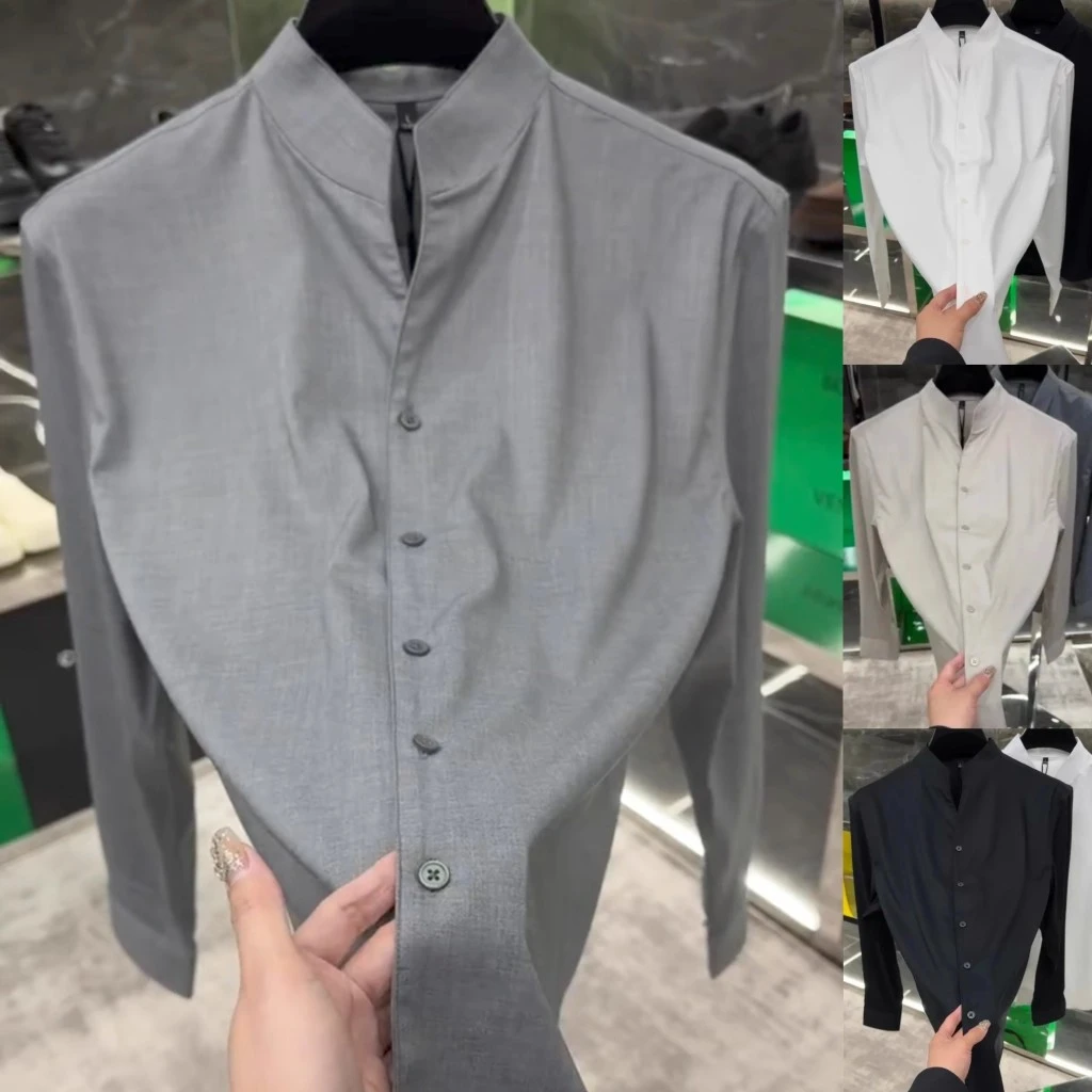 6633春秋男士个性小立领百搭修身衬衫高品质时尚商务欧货高级感帅