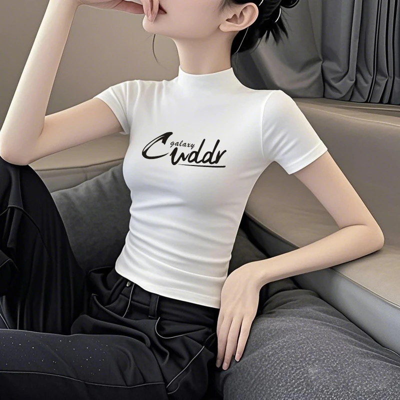 白色莫代尔短袖t恤女内搭夏季新款修身显瘦韩版印花百搭薄款上衣