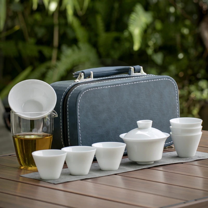 德化白瓷旅行茶具套装便携式盖碗泡茶杯过滤玻璃茶具快客杯