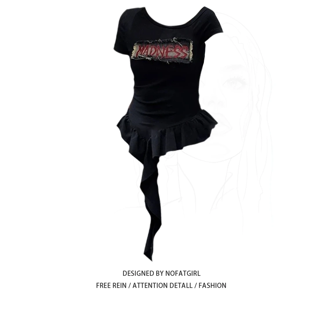 大码胖MM美式复古辣妹荷叶边斜肩T恤女夏季性感修身短款别致上衣