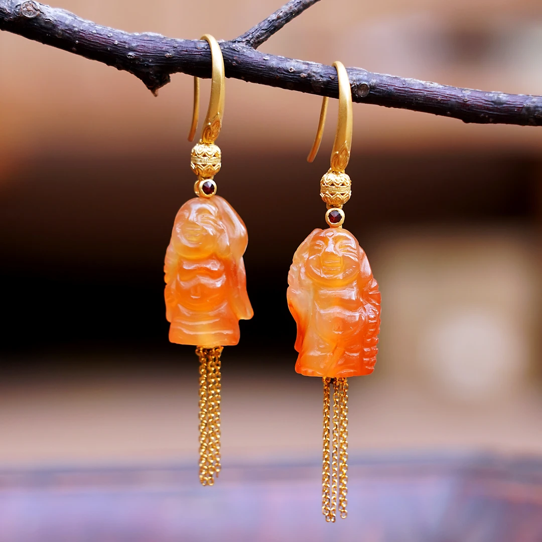 【常喜乐】清冰种一级红玛瑙弥勒佛耳环 18K金镶设计佛公耳坠