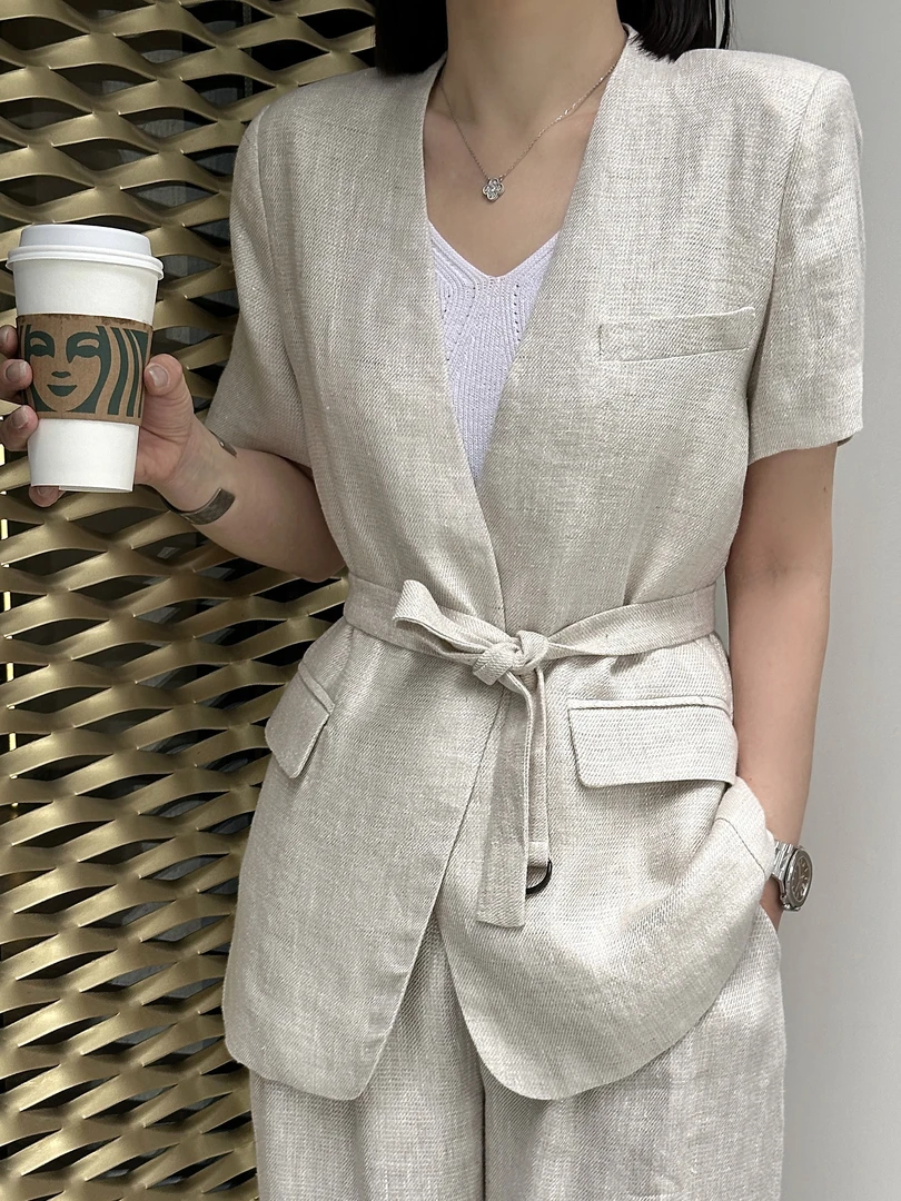 【关关KDFS-上衣】夏季V领银丝亚麻系带短袖百搭外套25071
