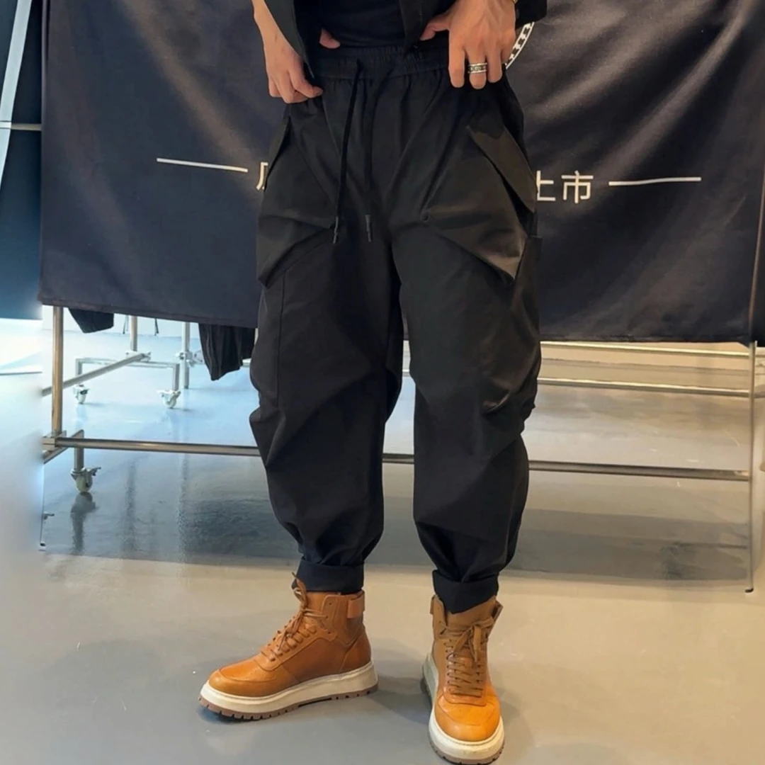2025H·K美狮潮牌时尚秋季港风多口袋抽绳潮流拼接休闲裤