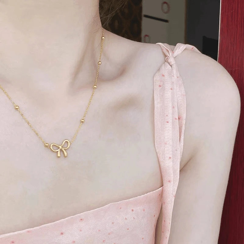 铜合金项链 豆豆蝴蝶结一体链高级感轻奢项链女款锁骨链蝴蝶结