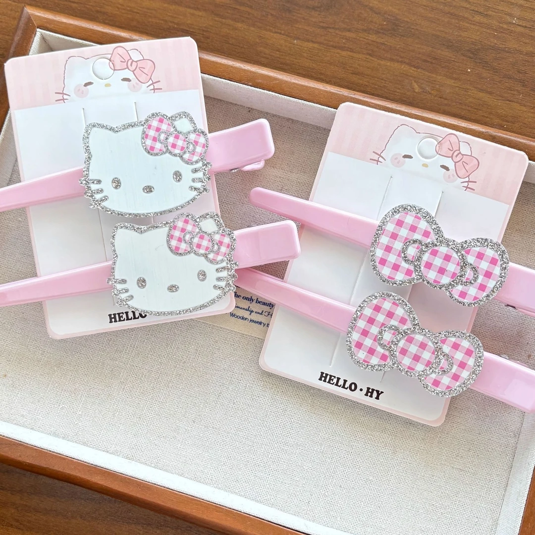 甜美少女心长款闪粉tk猫咪鸭嘴夹可爱HelloKitty无痕侧边刘海夹子