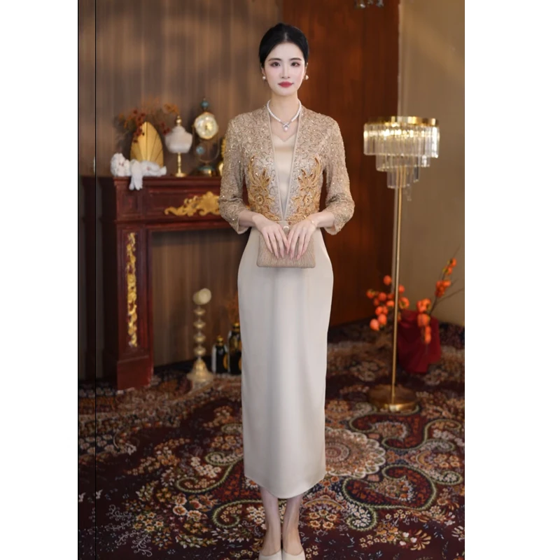 礼服平时可穿轻奢V领生日宴会聚会年轻妈妈高端婚礼喜婆婆连衣裙