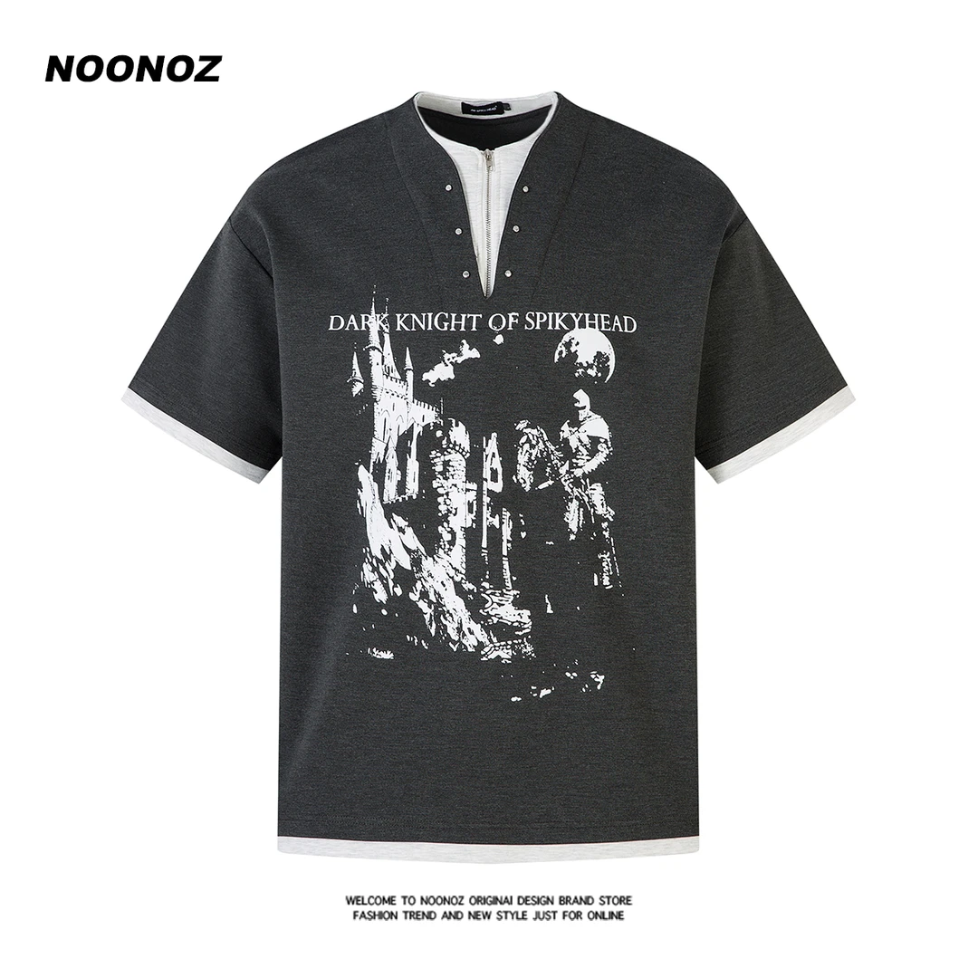 NOONOZ欧美高街假两件半拉链短袖T恤男夏季嘻哈美式潮牌半袖上衣