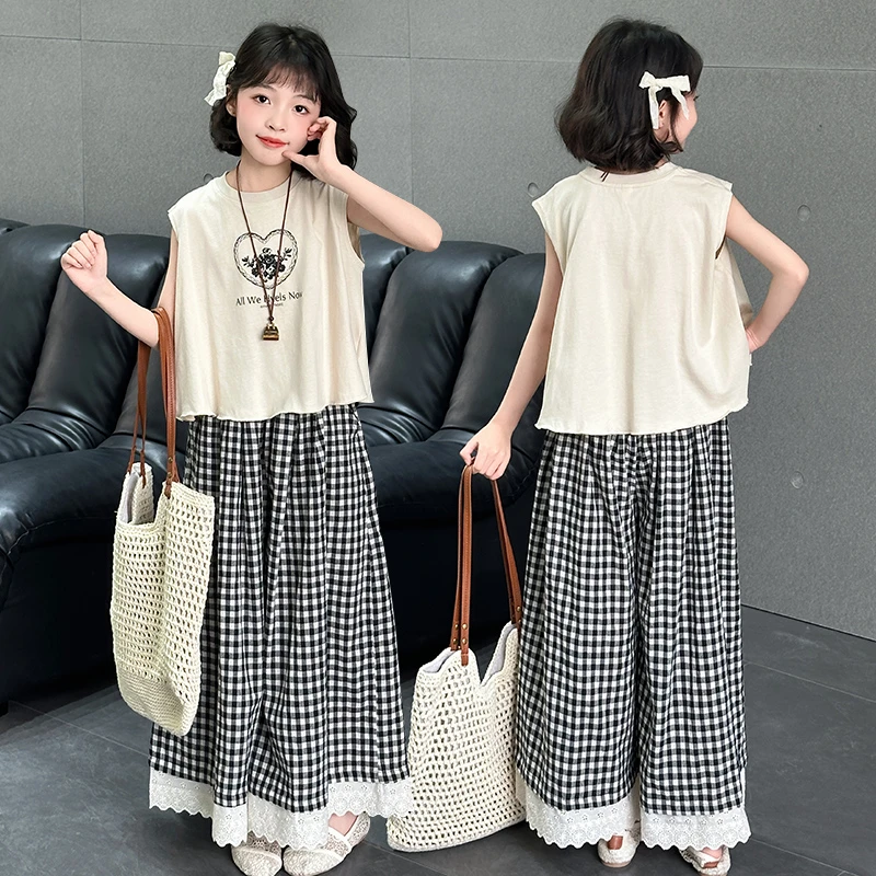 女童夏季套装3-15岁休闲韩版坎肩背心上衣儿童装格子阔腿裤两件套