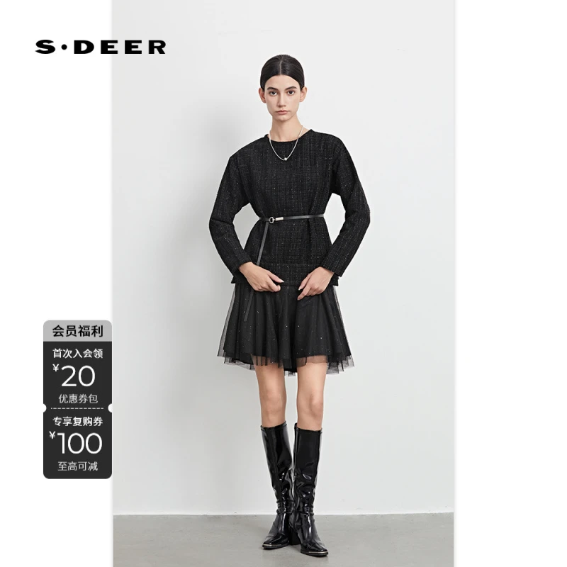 S·DEER秋冬粗花呢轻奢时尚黑色长款优雅秋季设计师小香风连衣裙