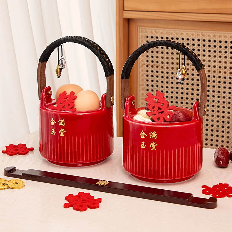 结婚子孙桶一对婚礼女方陪嫁用品全套娘家嫁妆陶瓷大红色喜桶摆件