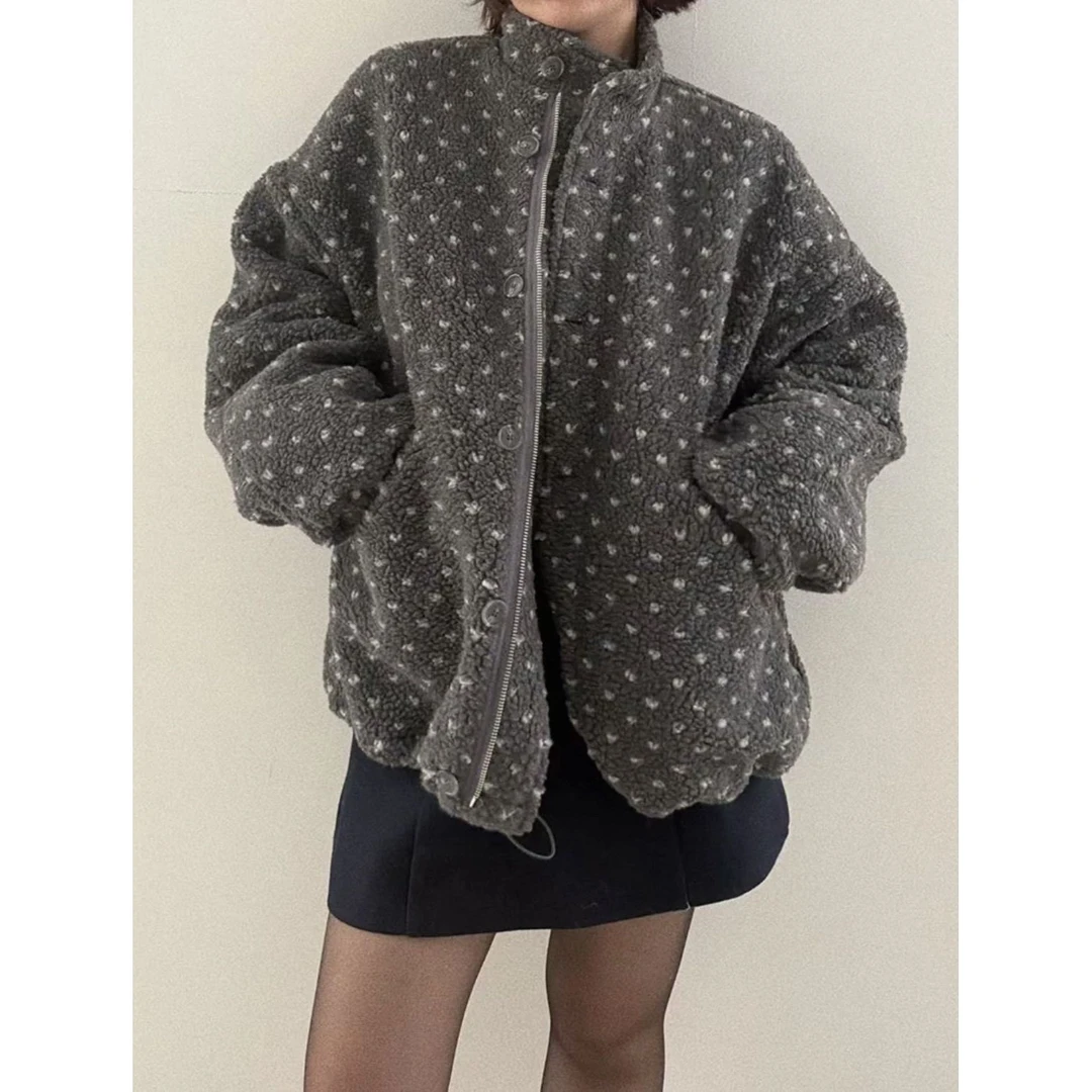 90511##大码复古韩系爱心立领羊羔毛加厚短外套大码女