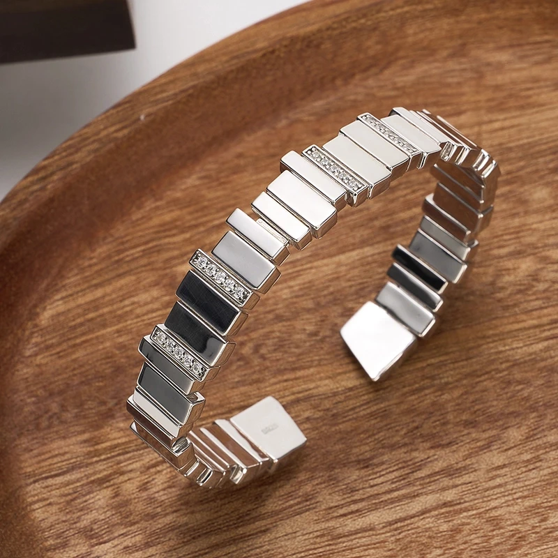 925银手镯 梁雅帝专属新品重工石板弹力设计感纯银手镯