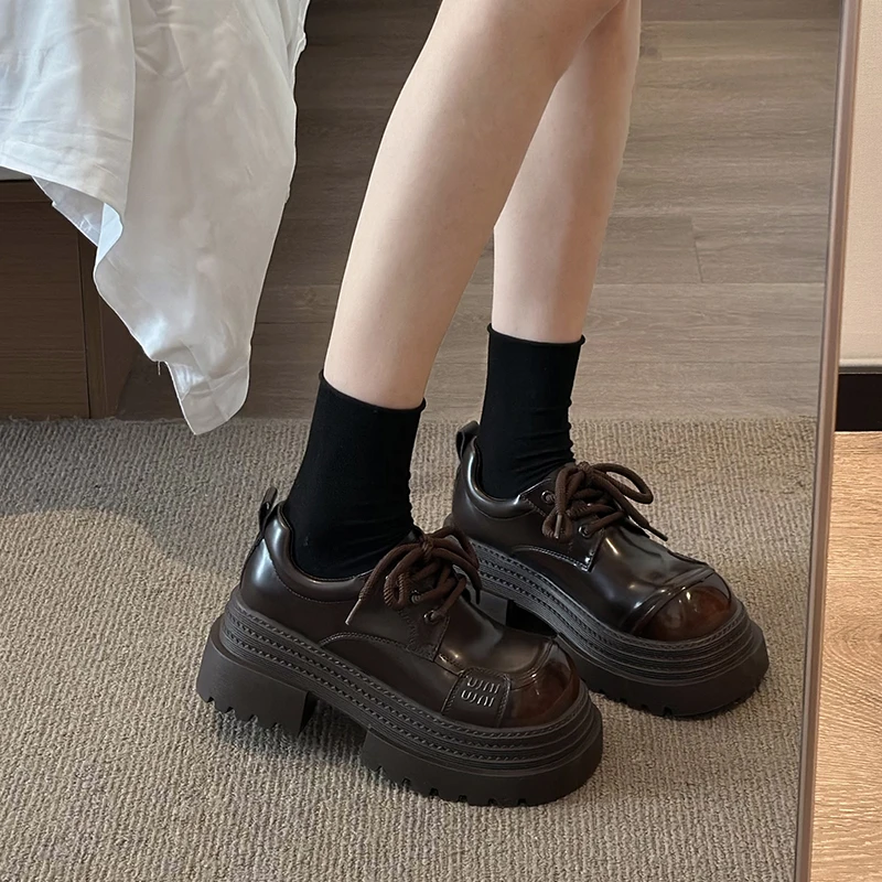 ins超火2025春季新款百搭厚底乐福鞋女英伦风增高系带时尚女鞋子