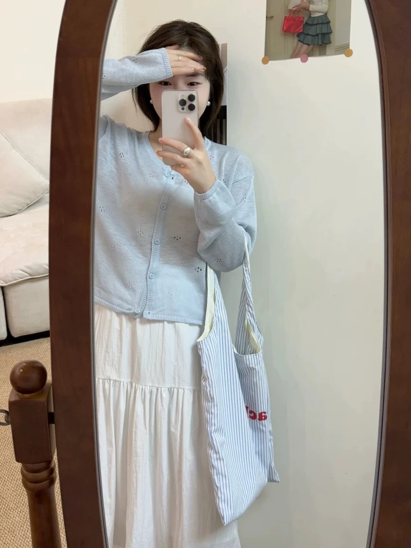 韩系甜美镂空花防晒针织开衫42588 衣长55