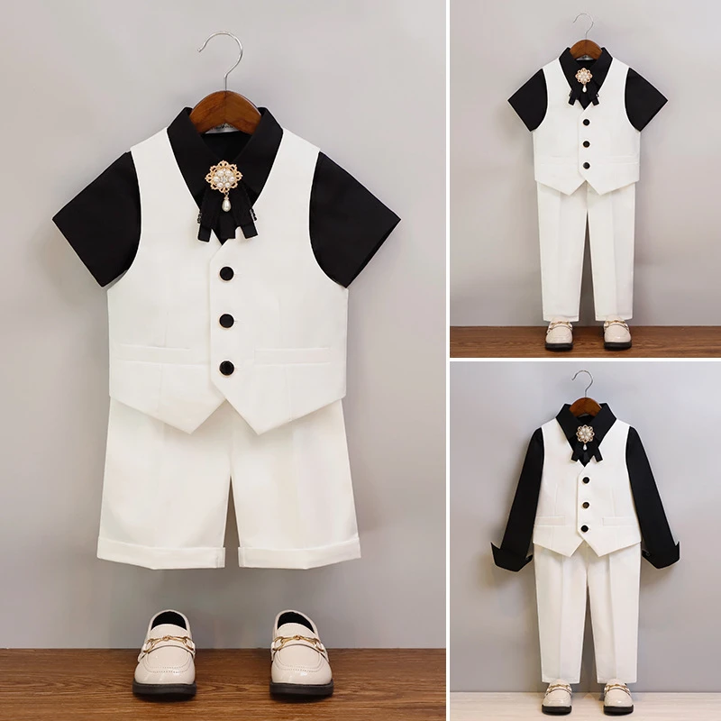 中大童西装夏季新款英伦绅士短袖马甲背带裤套装男童钢琴主持礼服