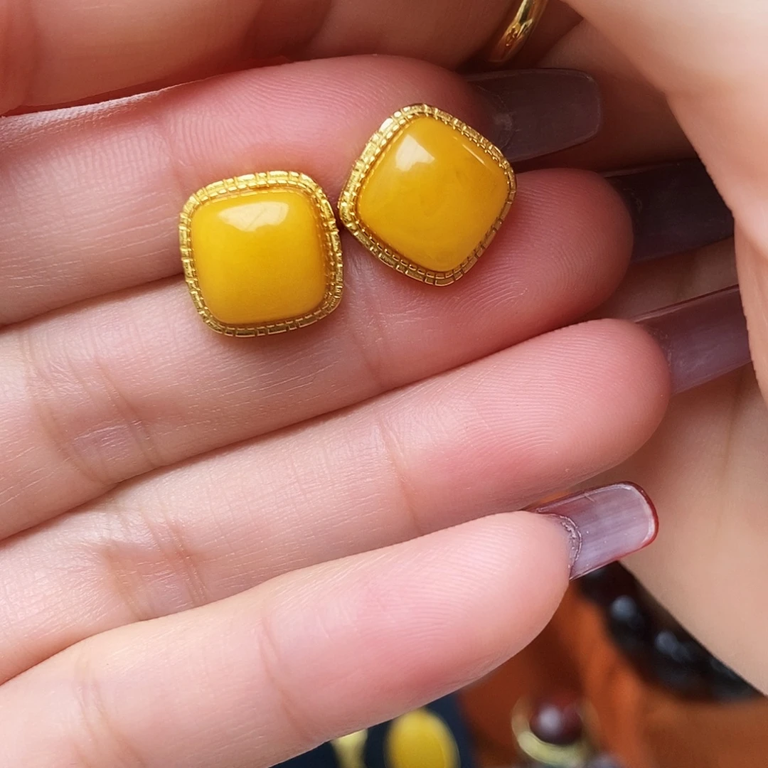 蜜蜡银S925镀金镶嵌耳饰