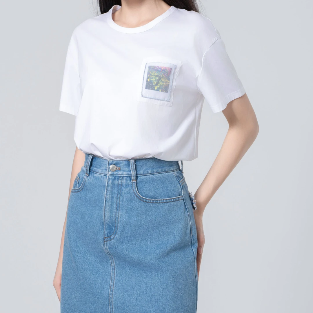 GIRDEAR/哥弟新款休闲时尚口袋印花百搭圆领套头短袖T恤女1300553