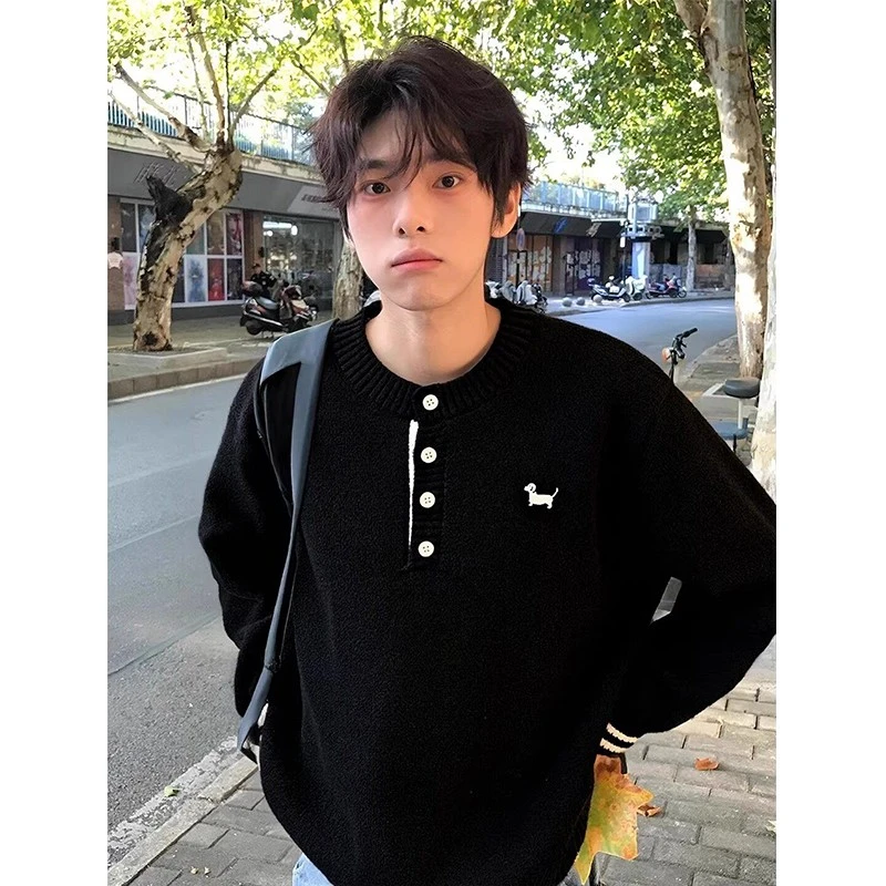 黑色刺绣小狗亨利领毛衣男冬季潮流cleanfit简约高级感针织打底衫