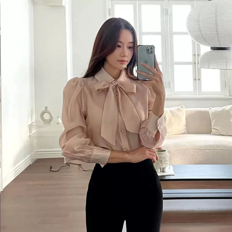 no退no换韩国东大门正品NANA新款领巾温柔百搭泡泡袖衬衫