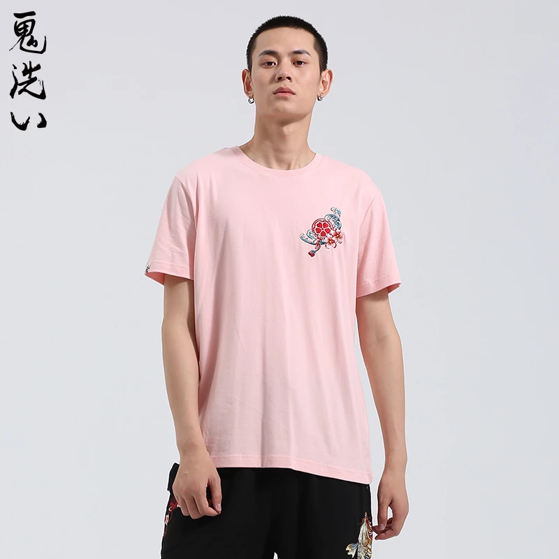 ONIARAI/鬼洗泥棒蓝八上姬绣花男士夏季短袖休闲纯棉T恤 21NOB41