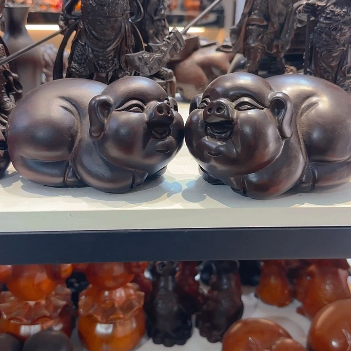 木保真黑檀木15cm福氣豬一對，不是黑檀木假一陪10