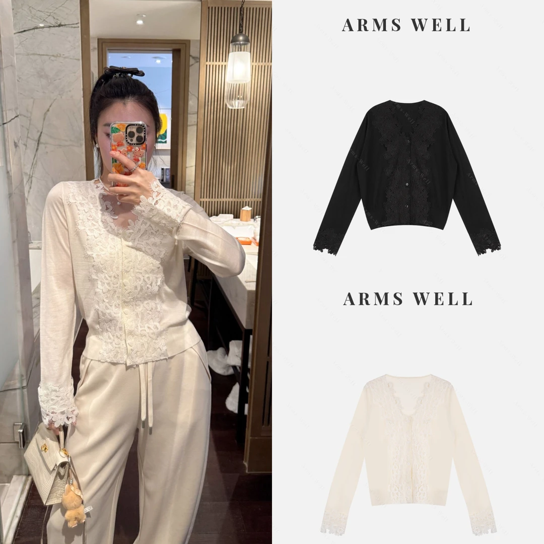 ARMS WELL王囡囡 黑/白色绵羊毛花边蕾丝v领长袖上衣 S198