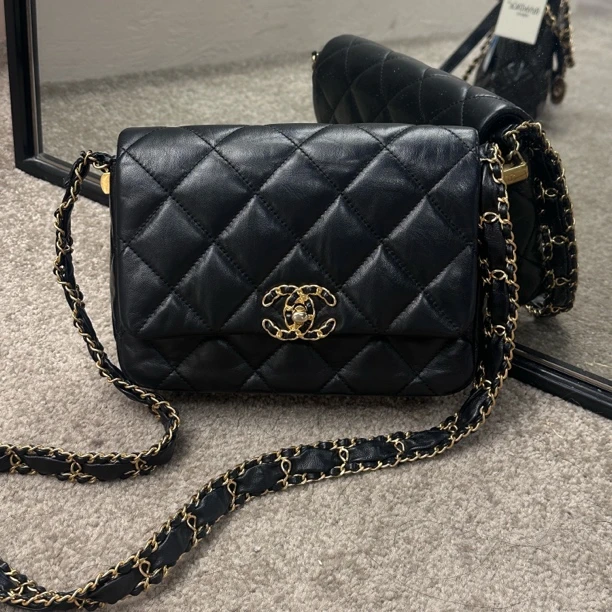 99新 Chanel/香奈儿 23k黑金褶皱牛皮宽肩带19方胖子