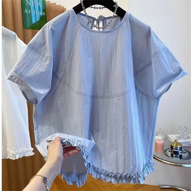 大码设计感木耳边圆领衬衫女短袖夏季新款宽松休闲娃娃衫上衣T恤