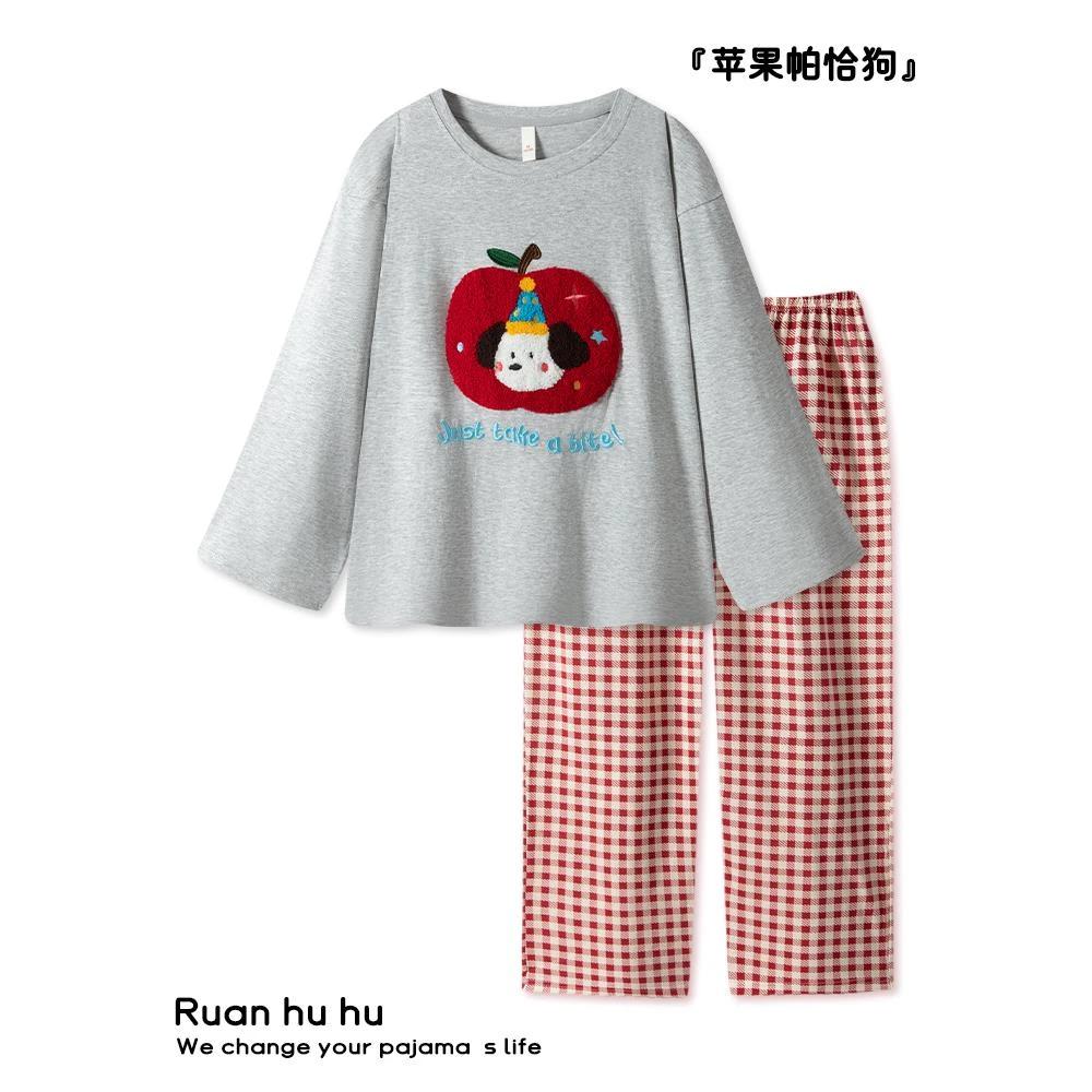 套头睡衣女纯棉长袖春秋2025新款可爱情侣装苹果小狗家居服套装男