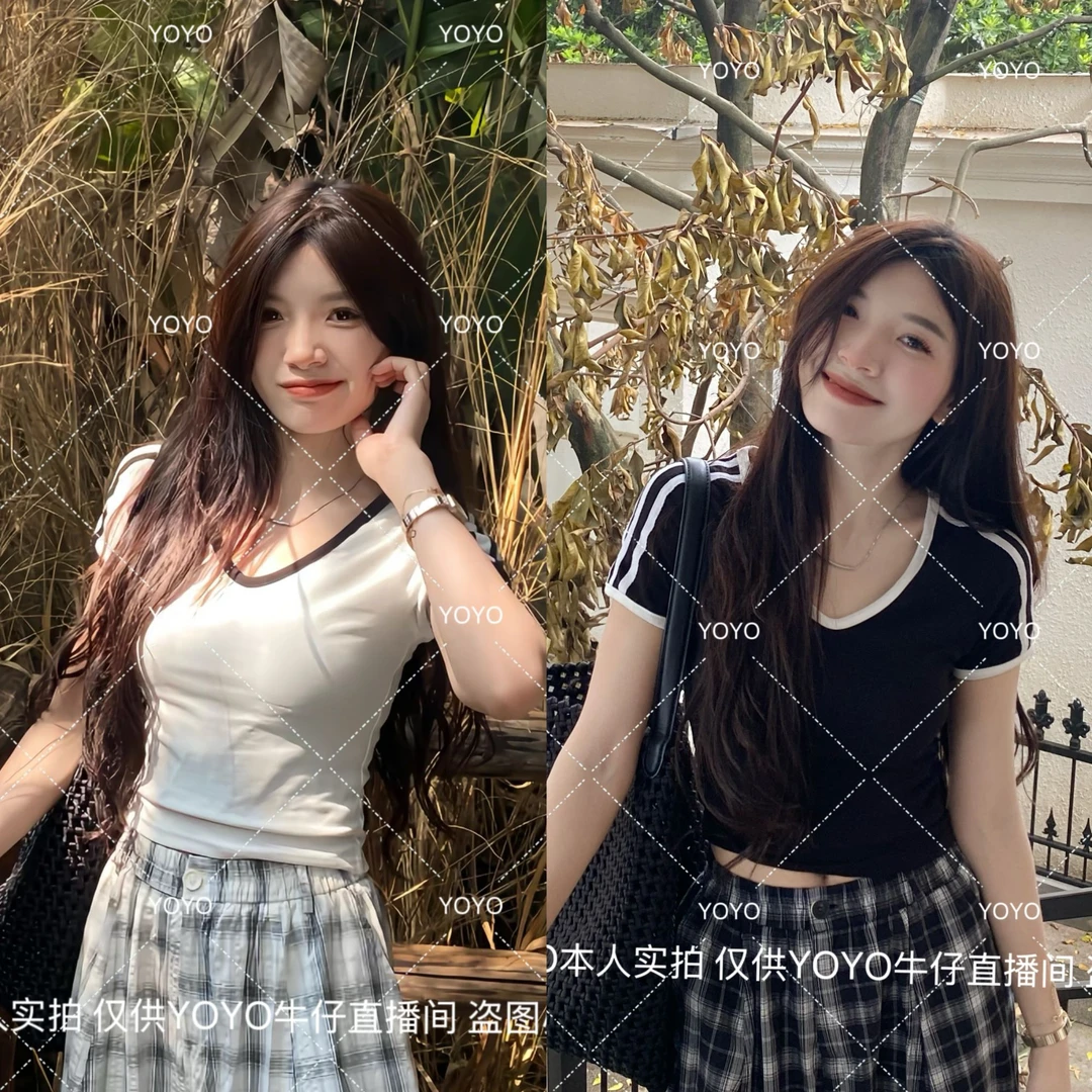 YOYO自制【清凉V领】夏季显瘦辣妹短款修身纯欲上衣短袖