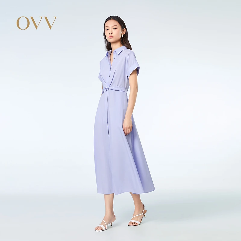 OVV春夏新款女装丝棉混纺腰间飘带蝴蝶结A字型短袖连衣裙