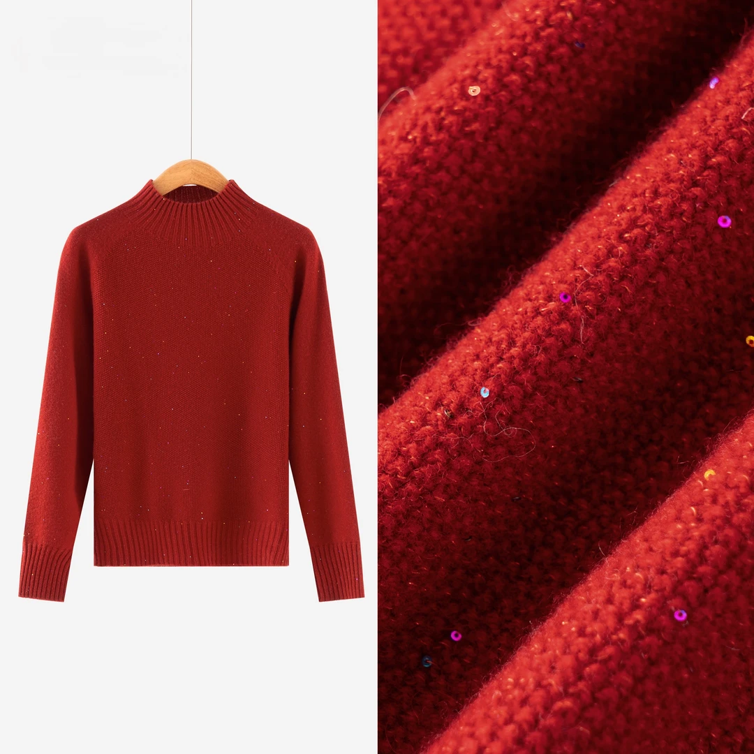 【甄织】半高领亮片元宝针【100%羊毛】一线成衣毛衣羊毛衫