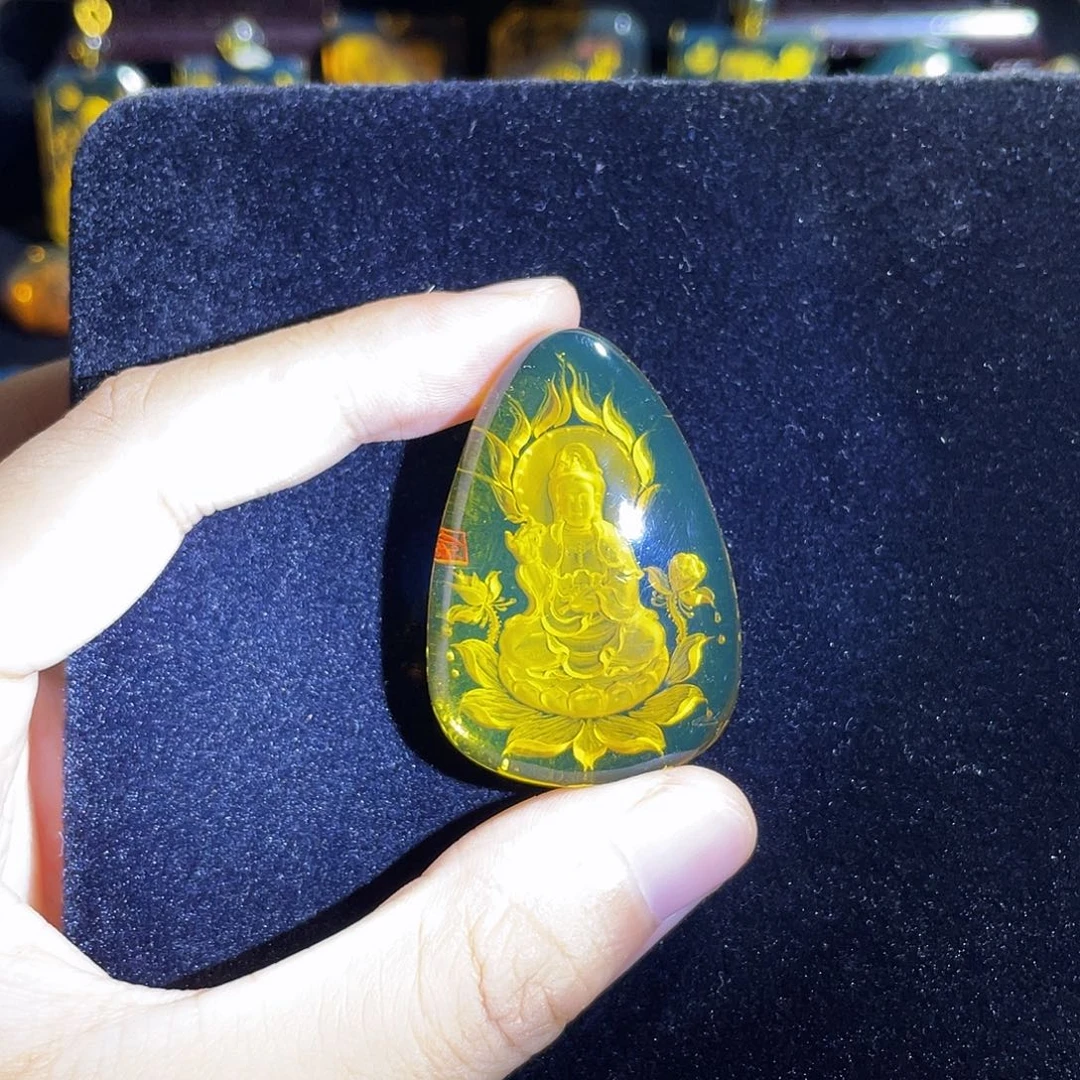 琥珀颈饰未镶嵌蓝珀观音坐莲阴雕吊坠净水
