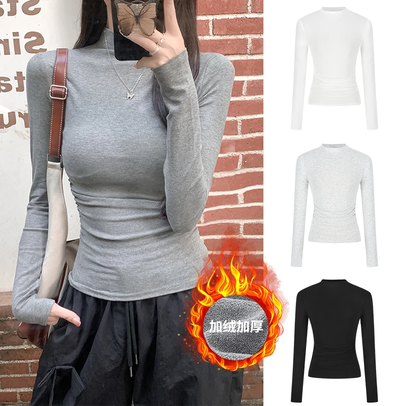 Moses Queen/魔西女王掐腰显胸长袖打底衫半高领抽褶修身早秋上衣