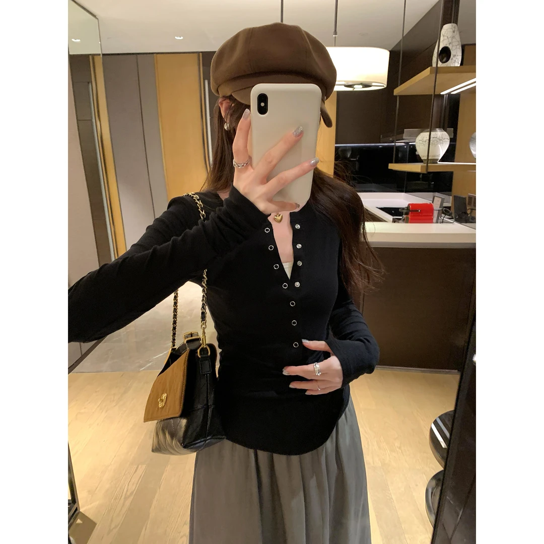 女款2025秋季新款潮牌时尚感半开领正肩修身长袖T恤高级内搭打底