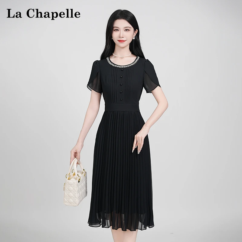 【拉夏贝尔】夏季法式设计感显瘦松紧腰短袖连衣裙