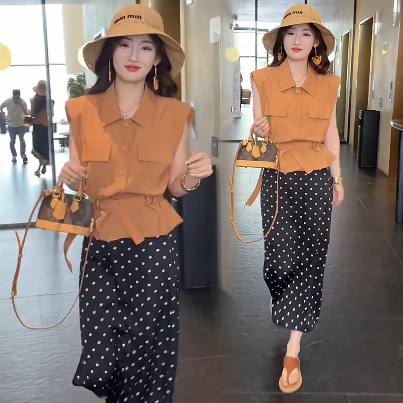 时尚套装裙女2025夏季新款洋气显瘦短袖衬衫波点半身裙气质两件套
