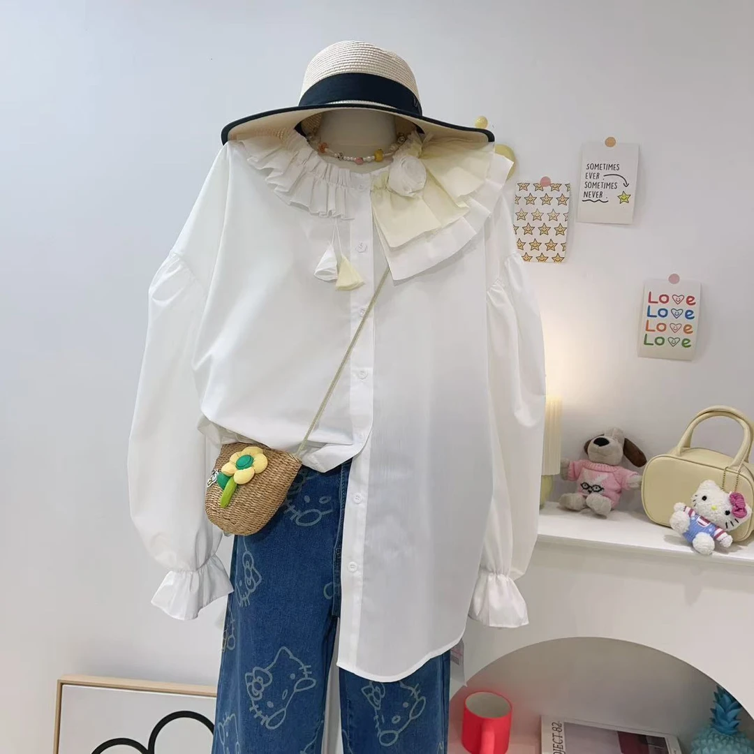 【钱呼呼】2025早春新款不对称花瓣领甜系宽松泡泡袖衬衫上衣女