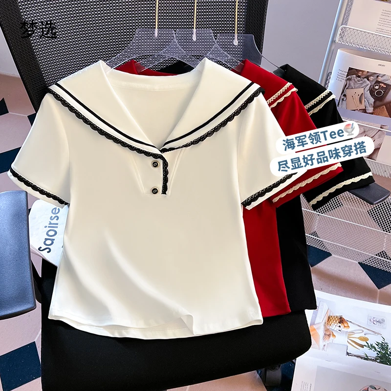2025年夏季新款海军领减龄短袖T恤女设计感百搭洋气时尚短款上衣