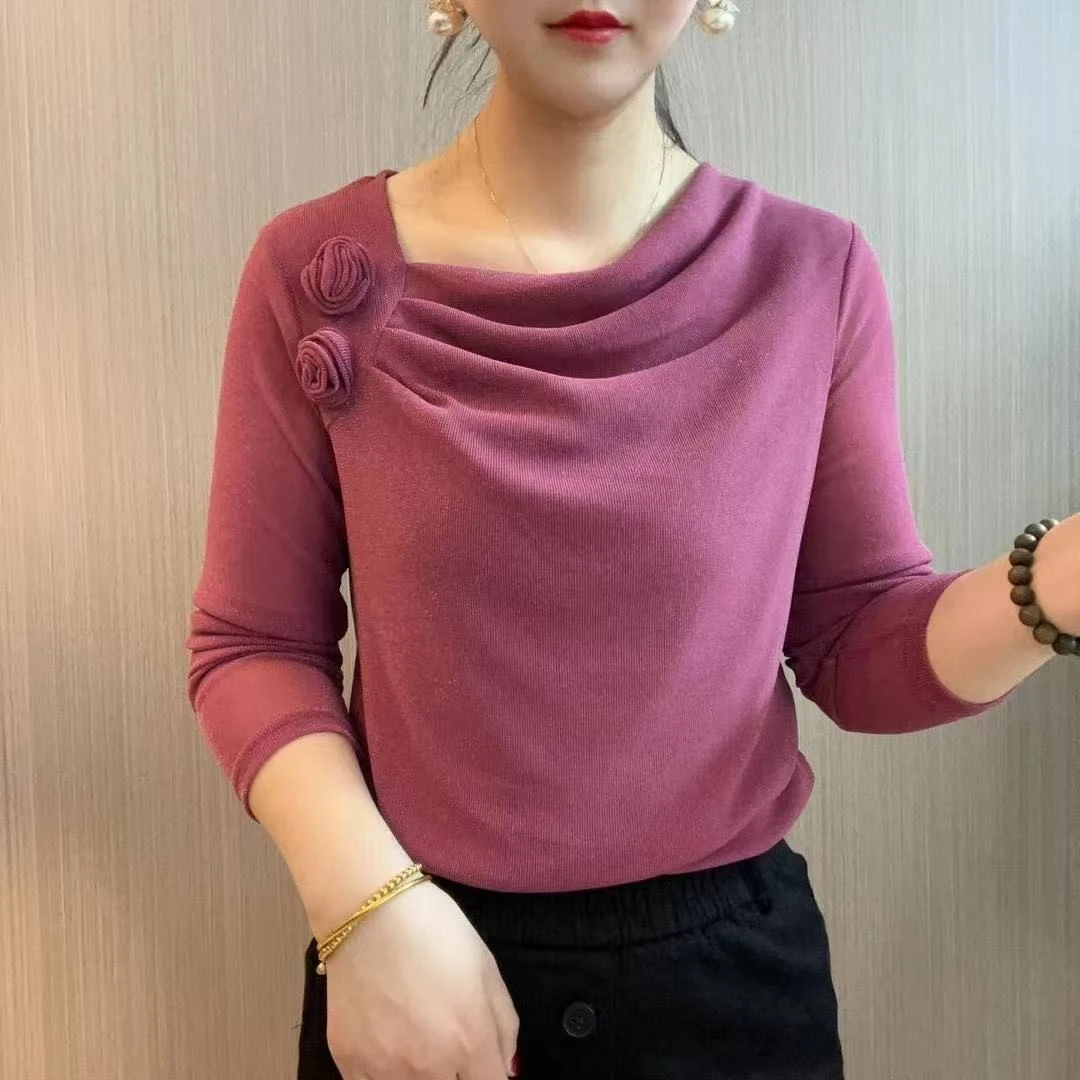 25秋冬新款堆堆领网纱上衣洋气妈妈装遮肉打底衫显瘦百搭长袖女